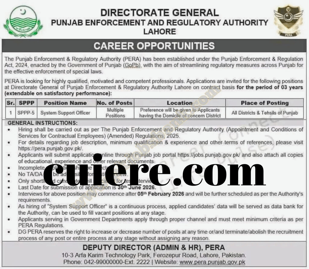Punjab Enforcement & Regulatory Authority Jobs 2026